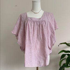 Pink Striped Square Neck Linen/Cotton Blend Blouse